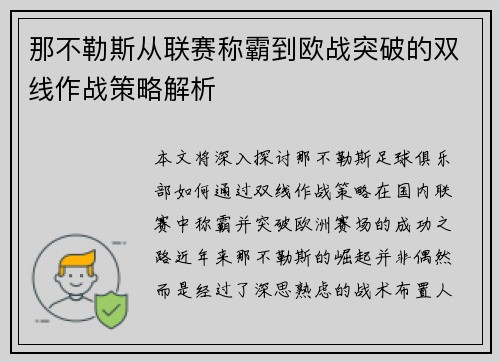那不勒斯从联赛称霸到欧战突破的双线作战策略解析