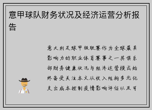 意甲球队财务状况及经济运营分析报告